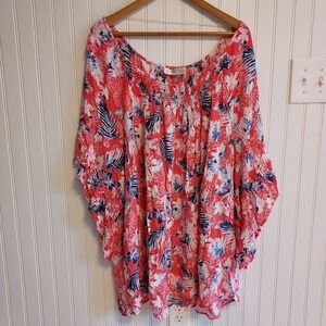 Terra & Sky 3X 24W-26W Floral 3/4 Length Flutter Sleeve Peasant Top Blouse Red